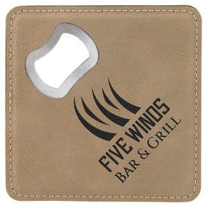 Light Brown 4" x 4" Square Laserable Leatherette Coaster with Bottle Opener