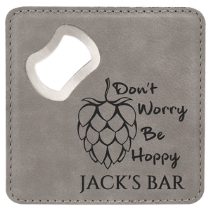 Gray 4" x 4" Square Laserable Leatherette Coaster with Bottle Opener