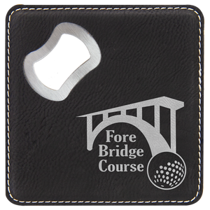 Black/Silver 4" x 4" Square Laserable Leatherette Coaster with Bottle Opener