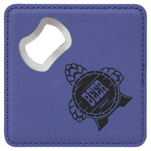 Purple 4" x 4" Square Laserable Leatherette Coaster with Bottle Opener