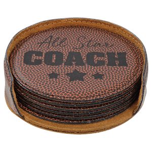 Football 4" Round Laserable Leatherette 6-Coaster Set