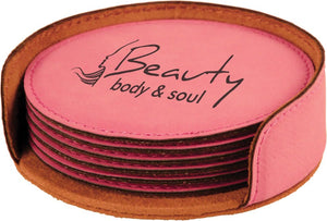 Pink 4" Round Laserable Leatherette 6-Coaster Set