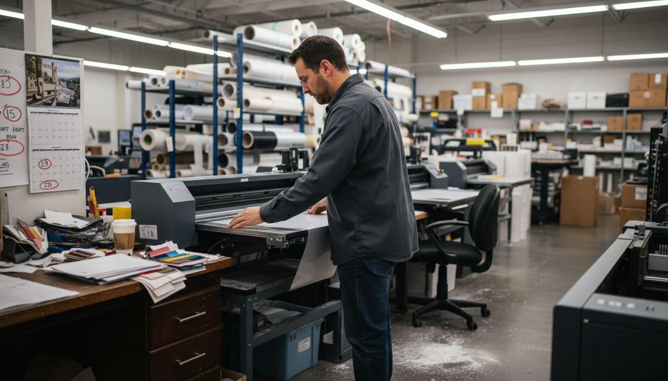 Technician preparing DTF printer in busy shop