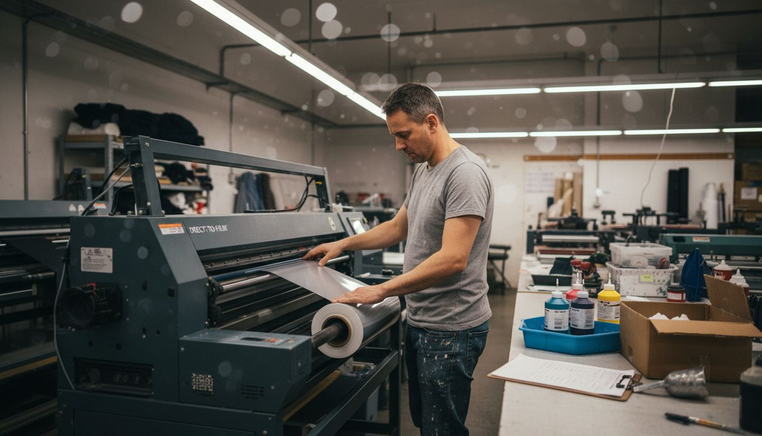 Artisan preparing DTF printer in shop
