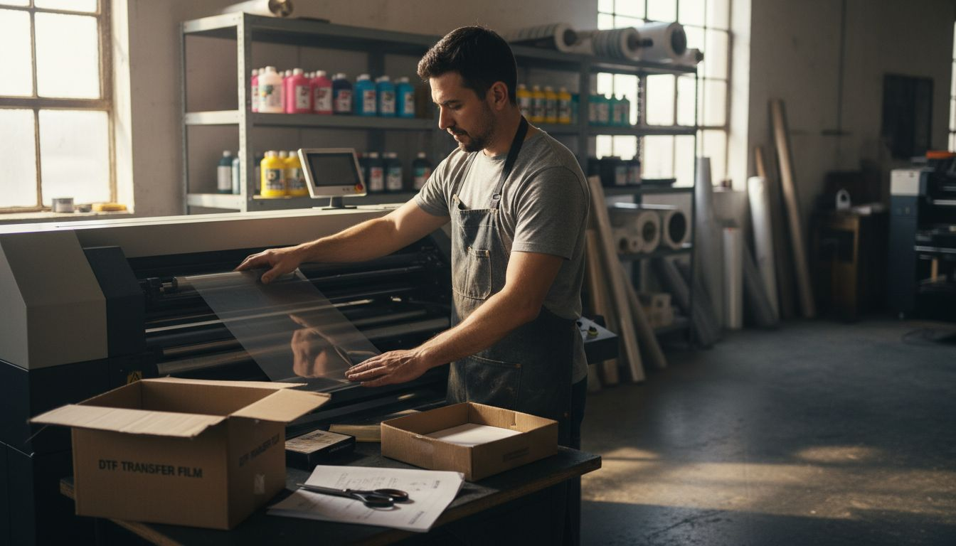 Operator aligning DTF film at textile printer