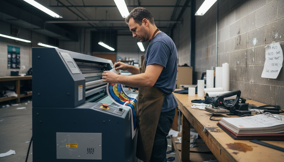 Technician inspecting DTF transfer print in workshop