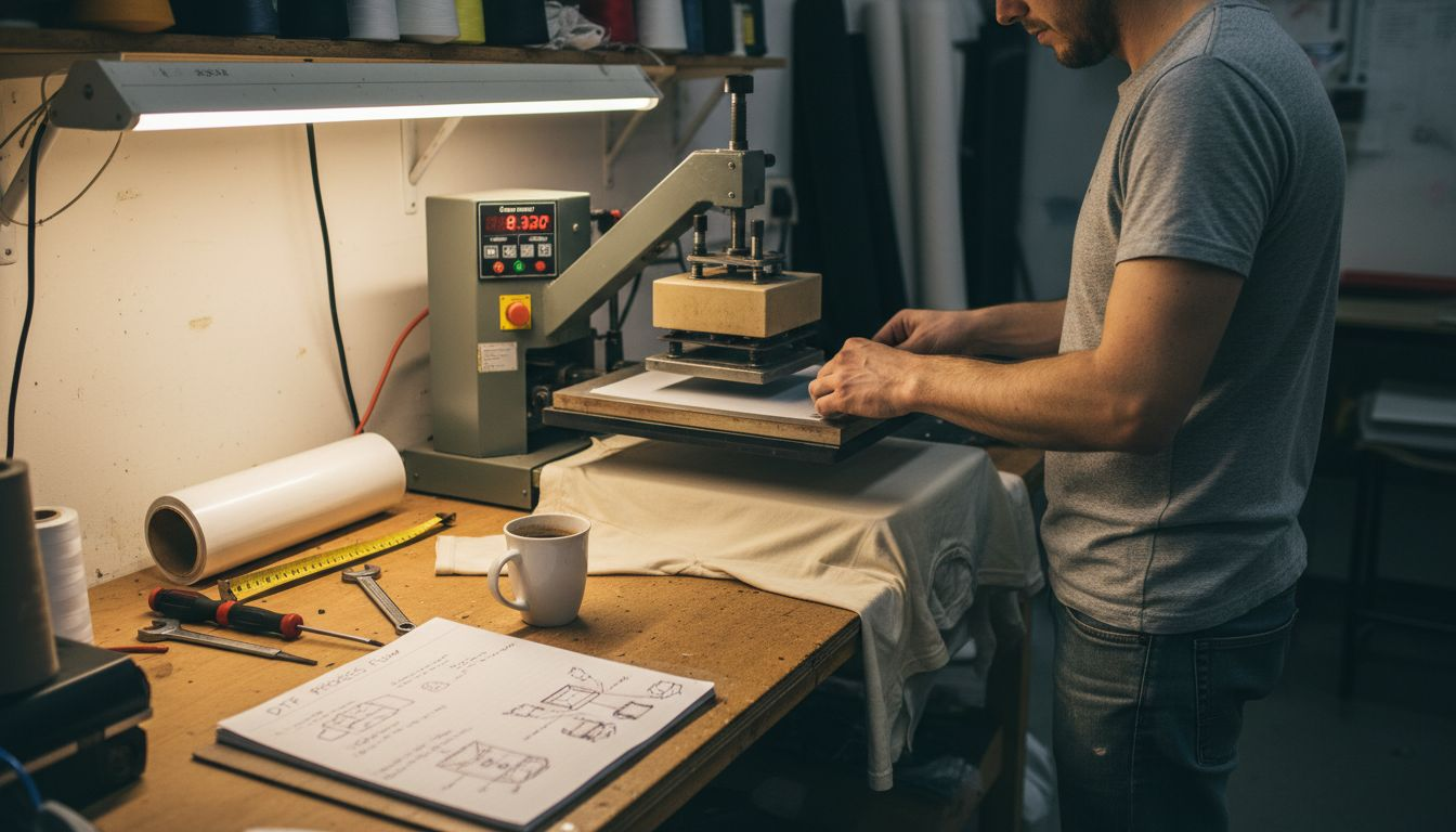 Technician using heat press for DTF transfer