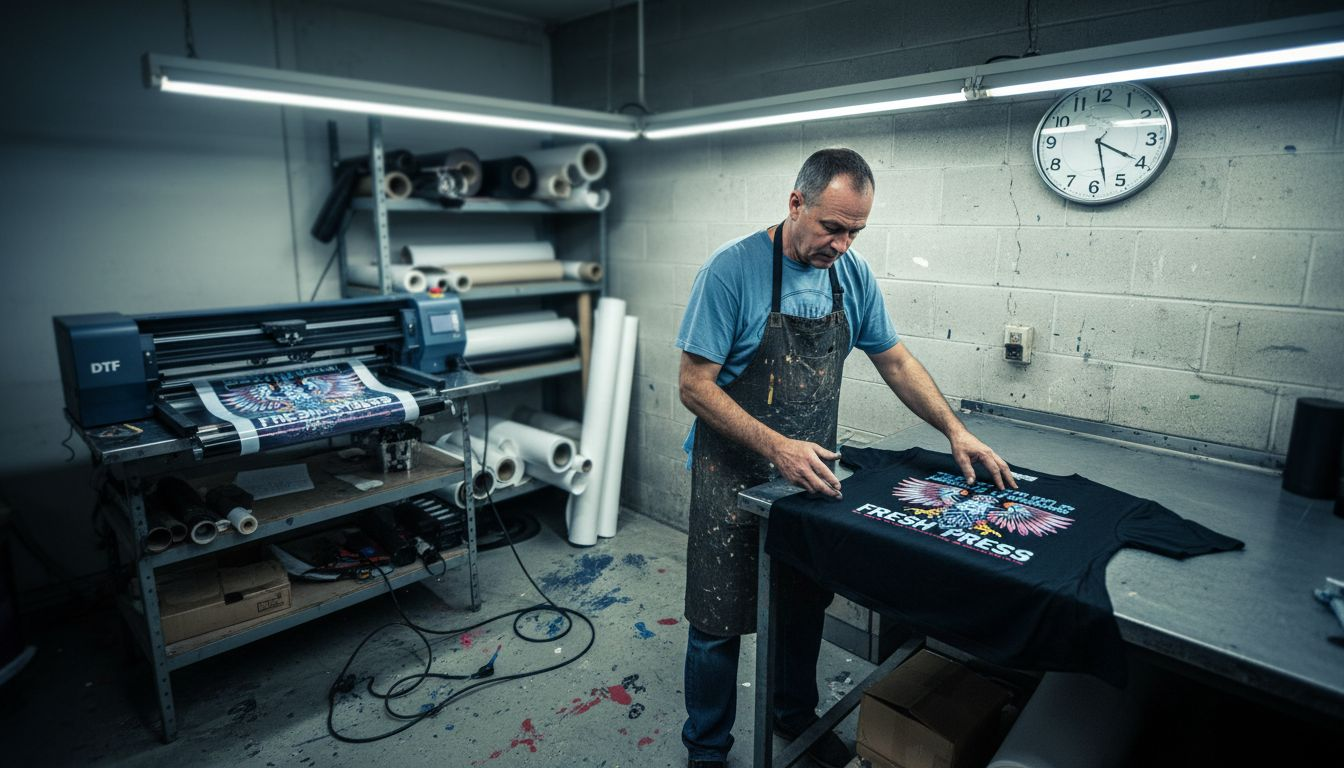 Technician inspecting printed shirt in studio