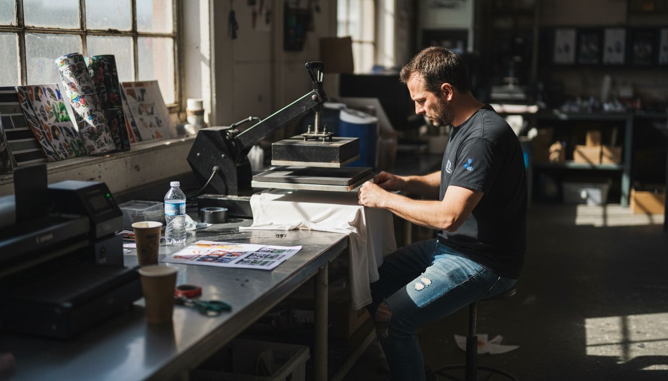 Technician preparing DTF transfer on t-shirt