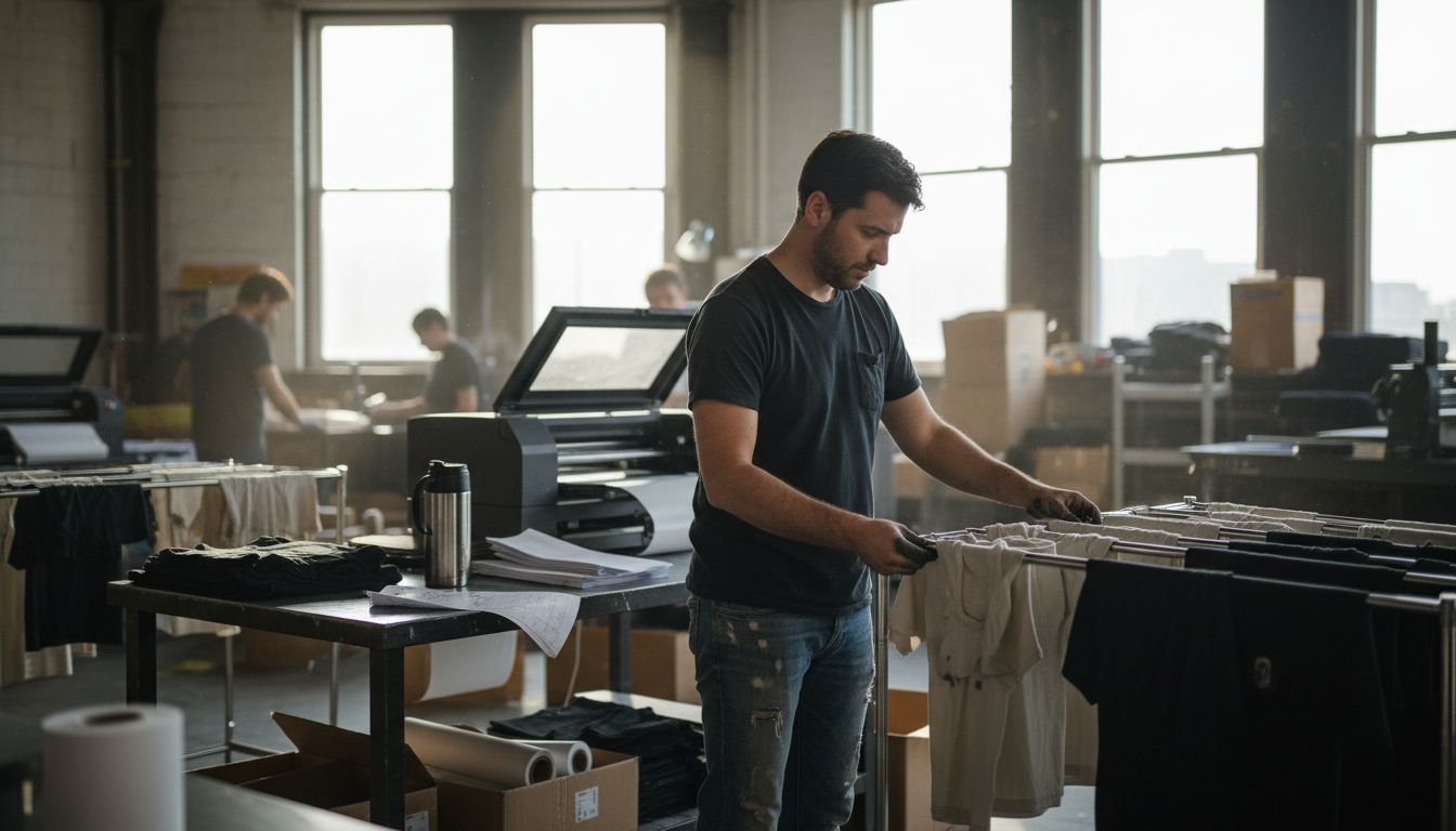Technician in apparel studio checking DTF prints