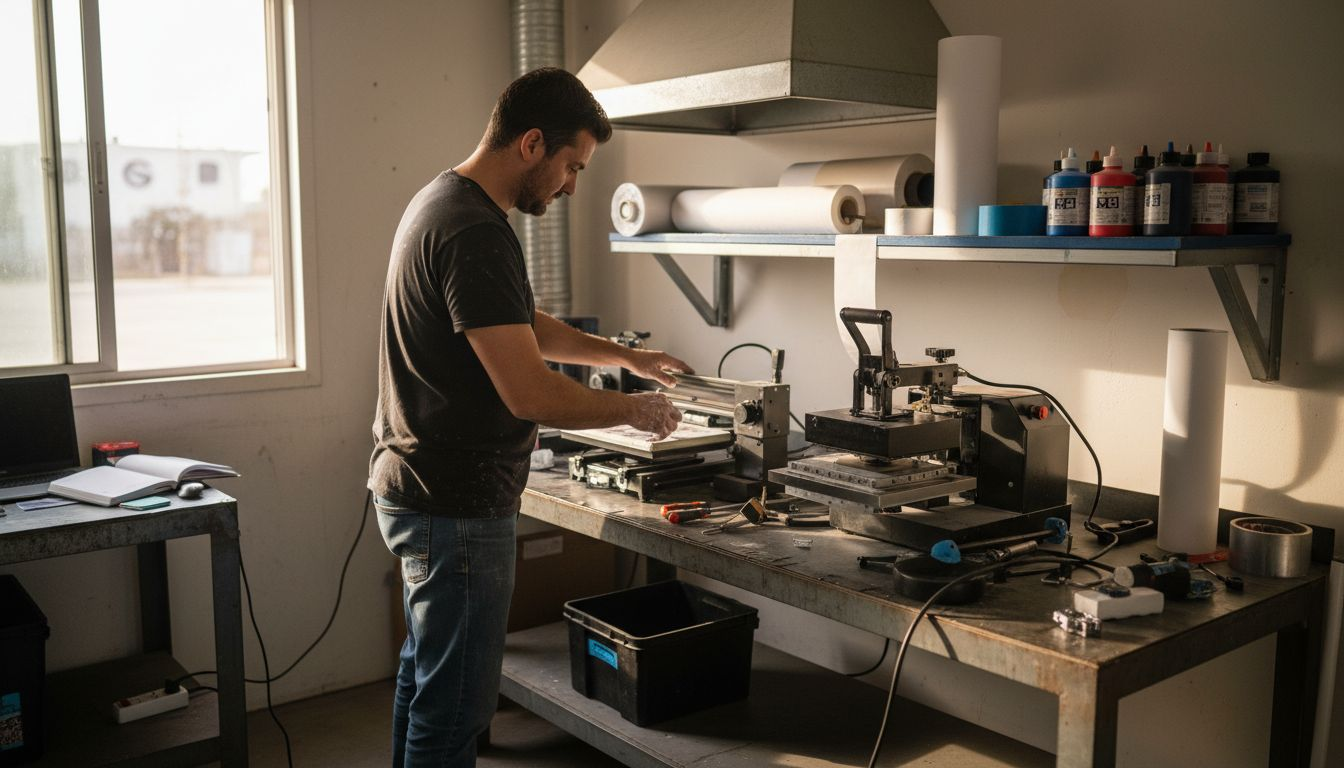 Technician organizing DTF printing workspace