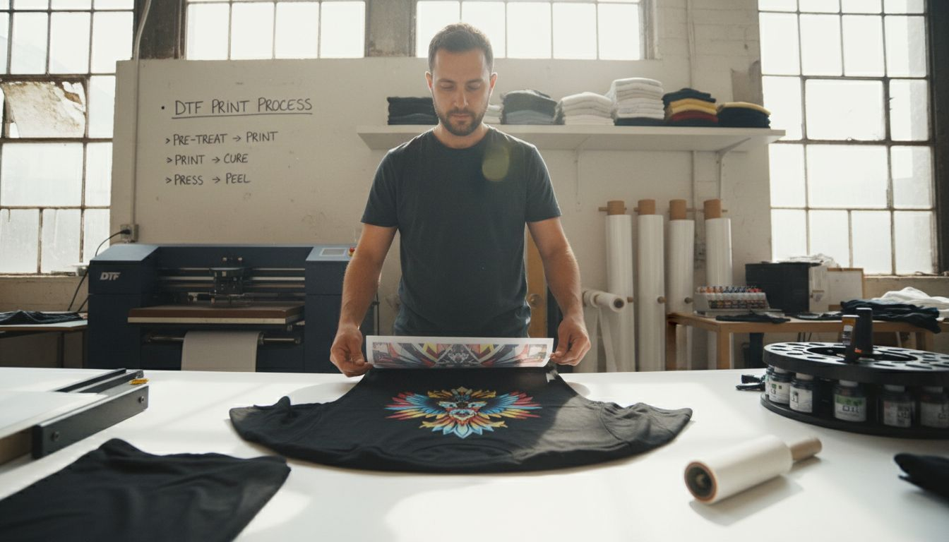 Technician peeling DTF print in working apparel studio