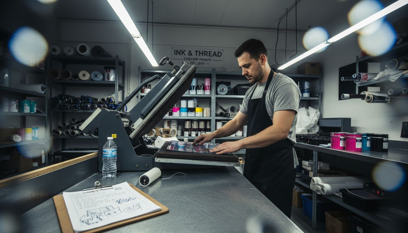 Technician aligning PET film at DTF printer