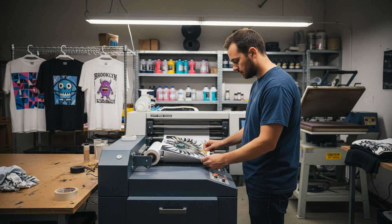 Technician working with DTF apparel printer