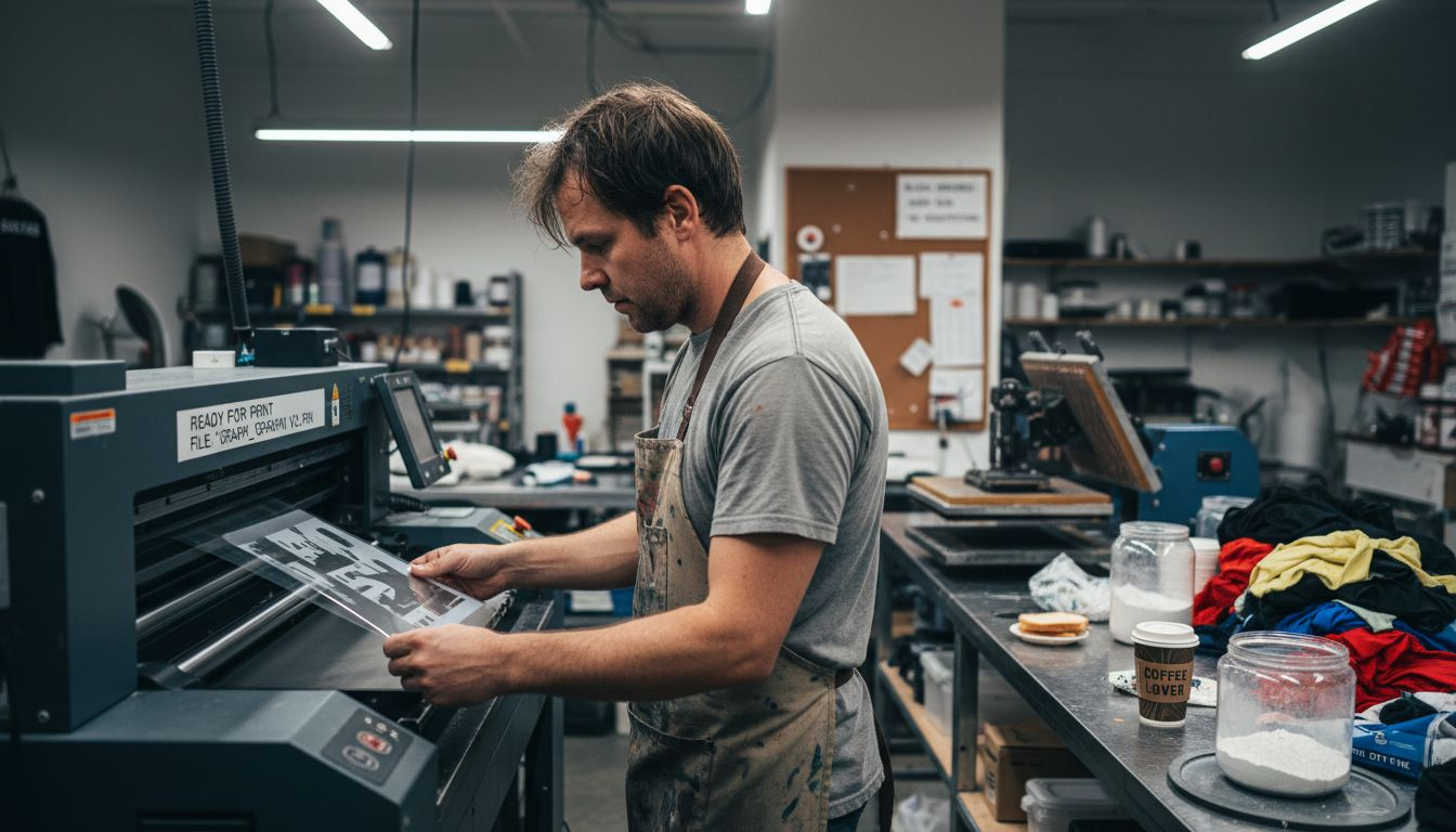 Technician loading DTF film in apparel print shop