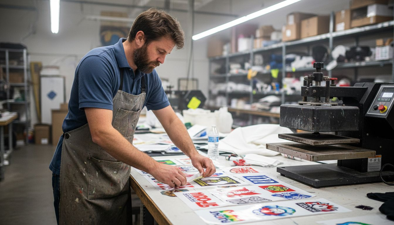 Print shop worker prepping DTF transfers