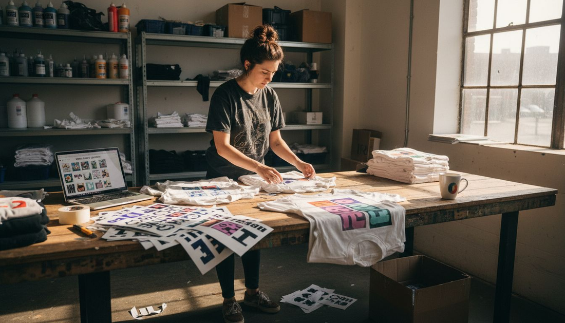 Designer in DTF print studio arranging apparel