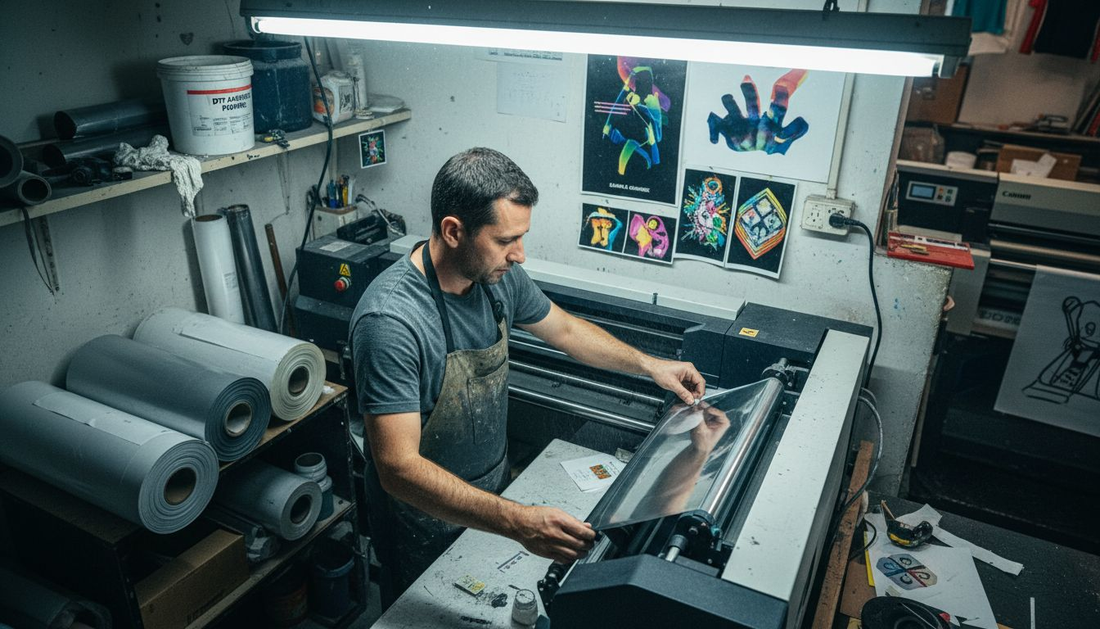 Technician using transfer film in DTF printer