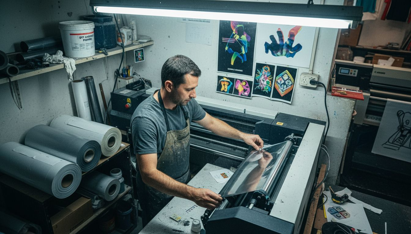 Technician using transfer film in DTF printer