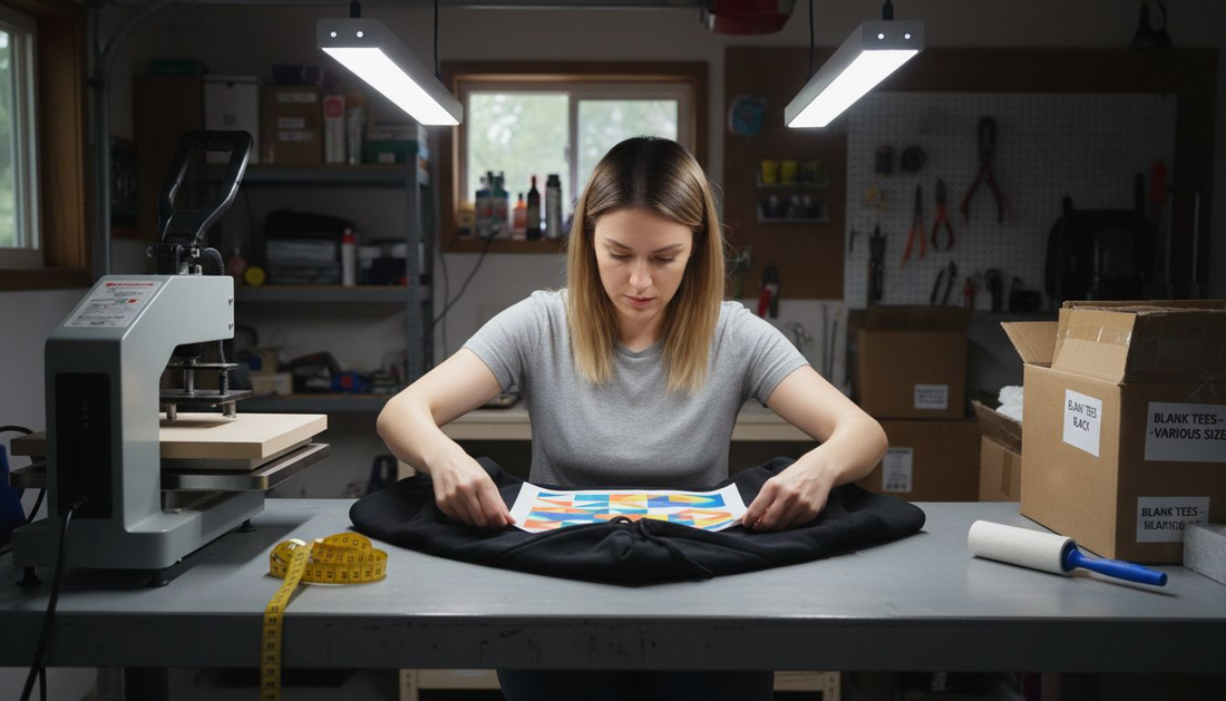 Woman aligning DTF transfer on hoodie