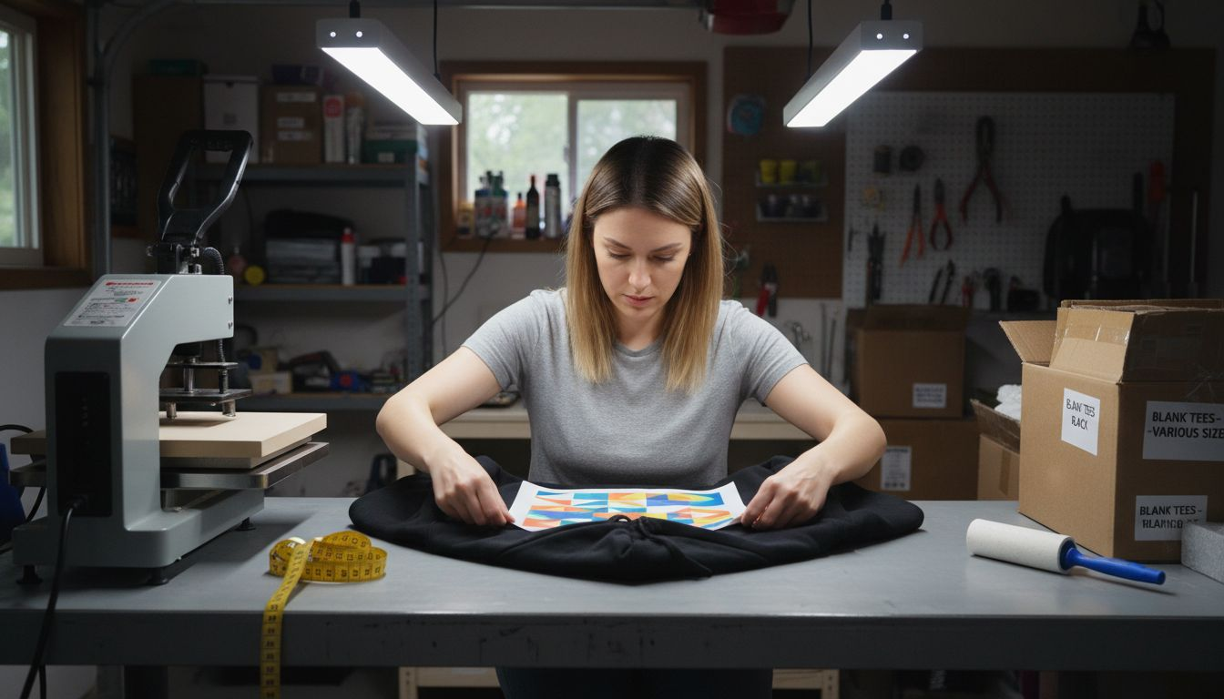 Woman aligning DTF transfer on hoodie