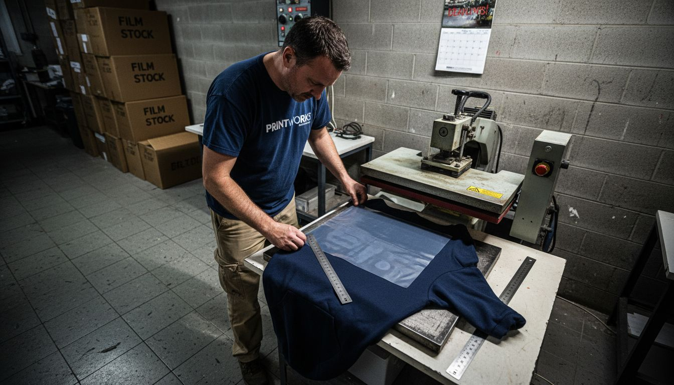 Technician applies DTF sheet at heat press