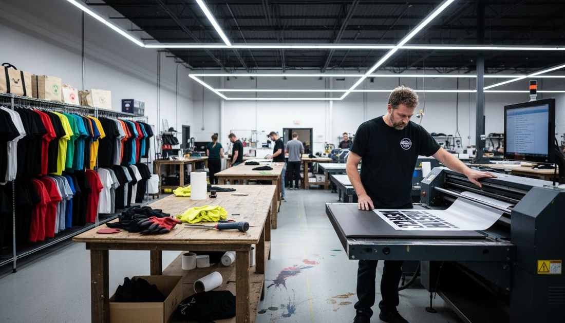 Technician preparing DTF transfer run in print studio