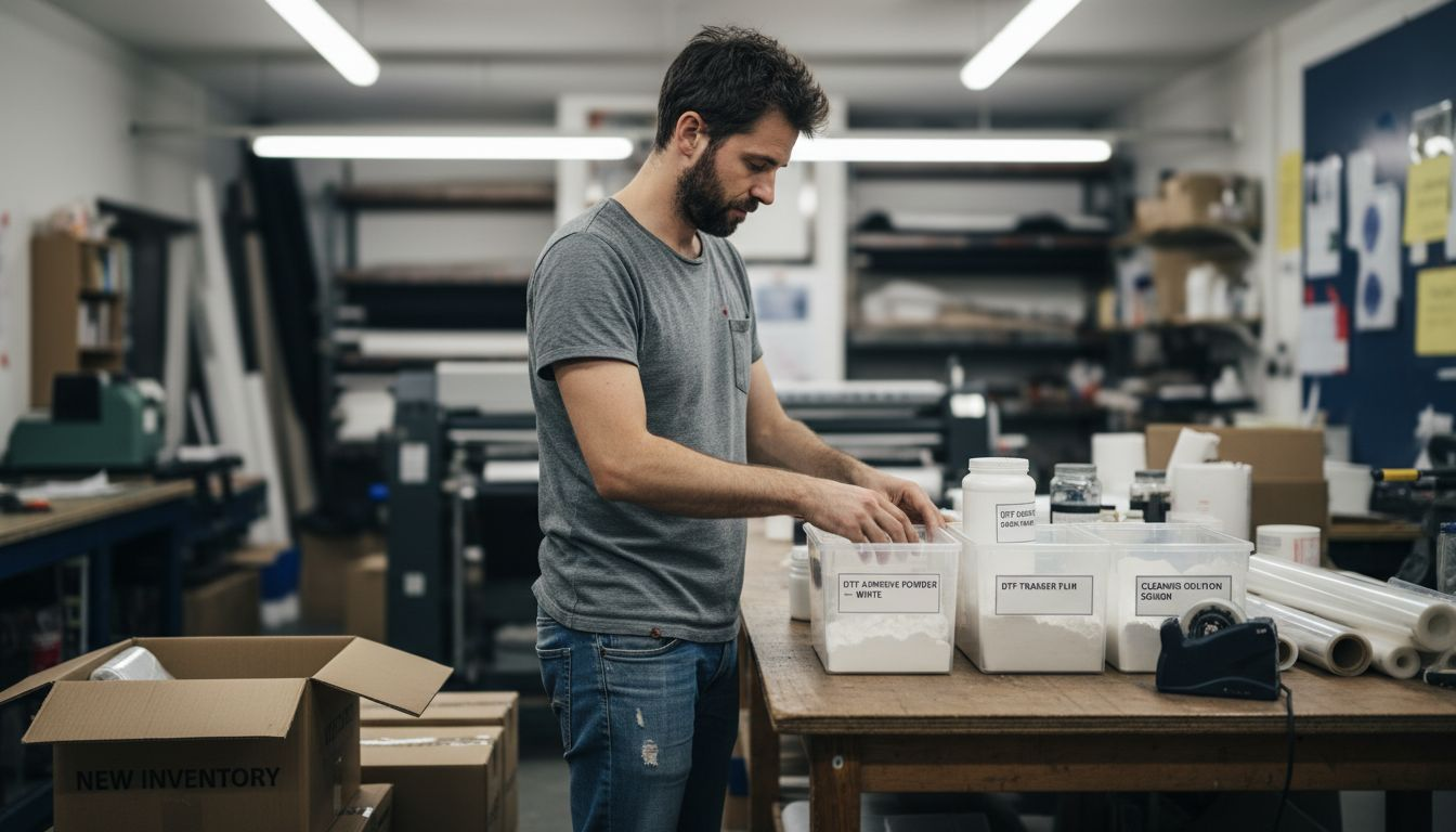 Technician organizing DTF transfer workspace