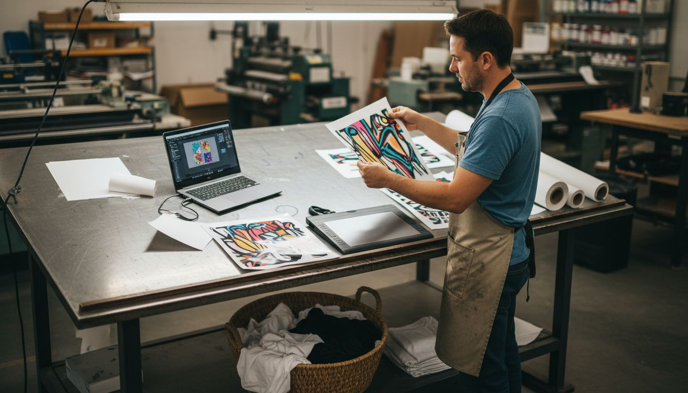 DTF print technician organizing artwork in studio