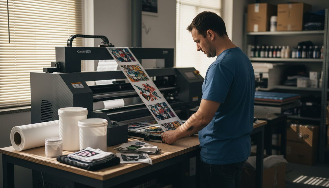 Technician inspecting DTF printer in studio