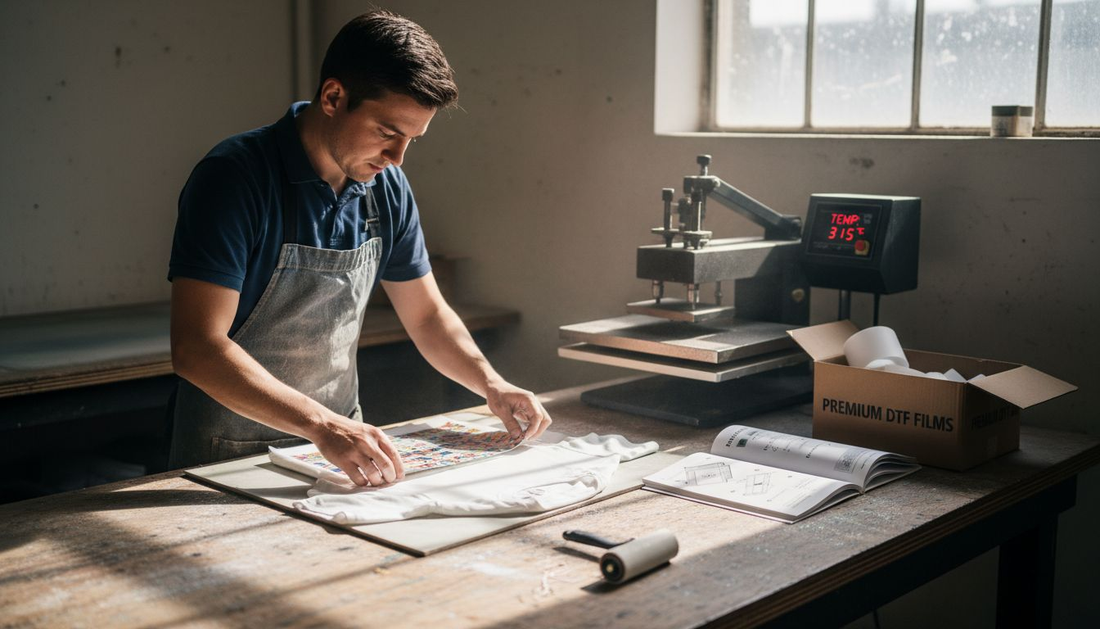 Small business owner applying DTF transfer in print shop