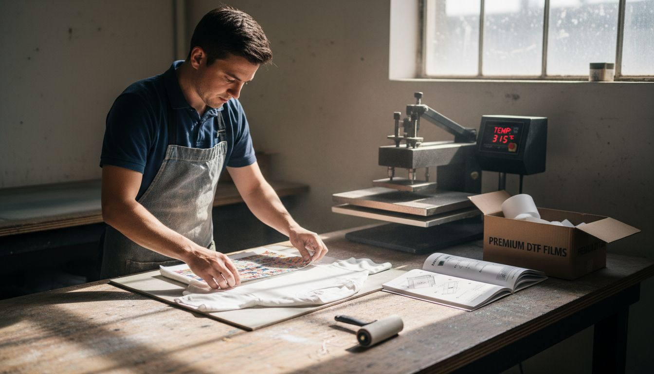 Small business owner applying DTF transfer in print shop