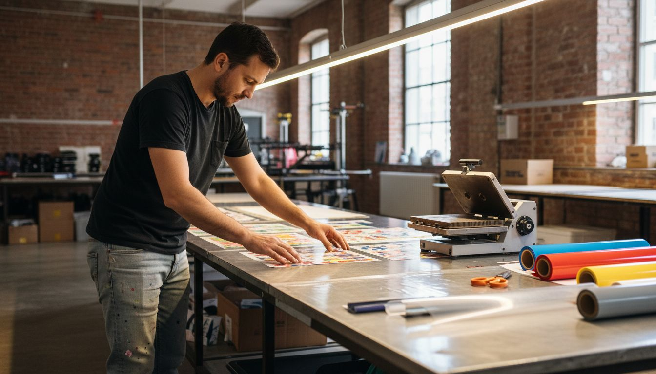 Technician comparing DTF and vinyl materials