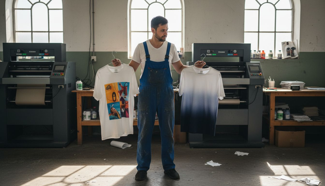 Technician compares DTF and sublimation prints