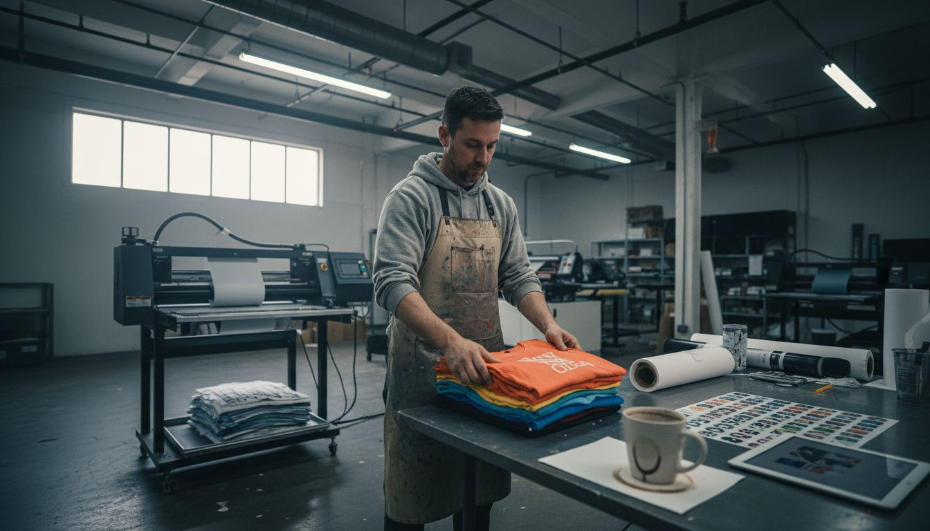 Print technician organizing apparel for DTF printing