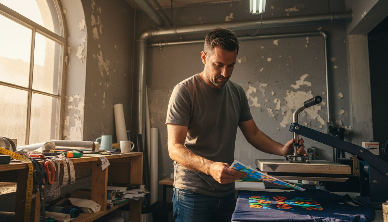 Designer pressing DTF transfer onto t-shirt