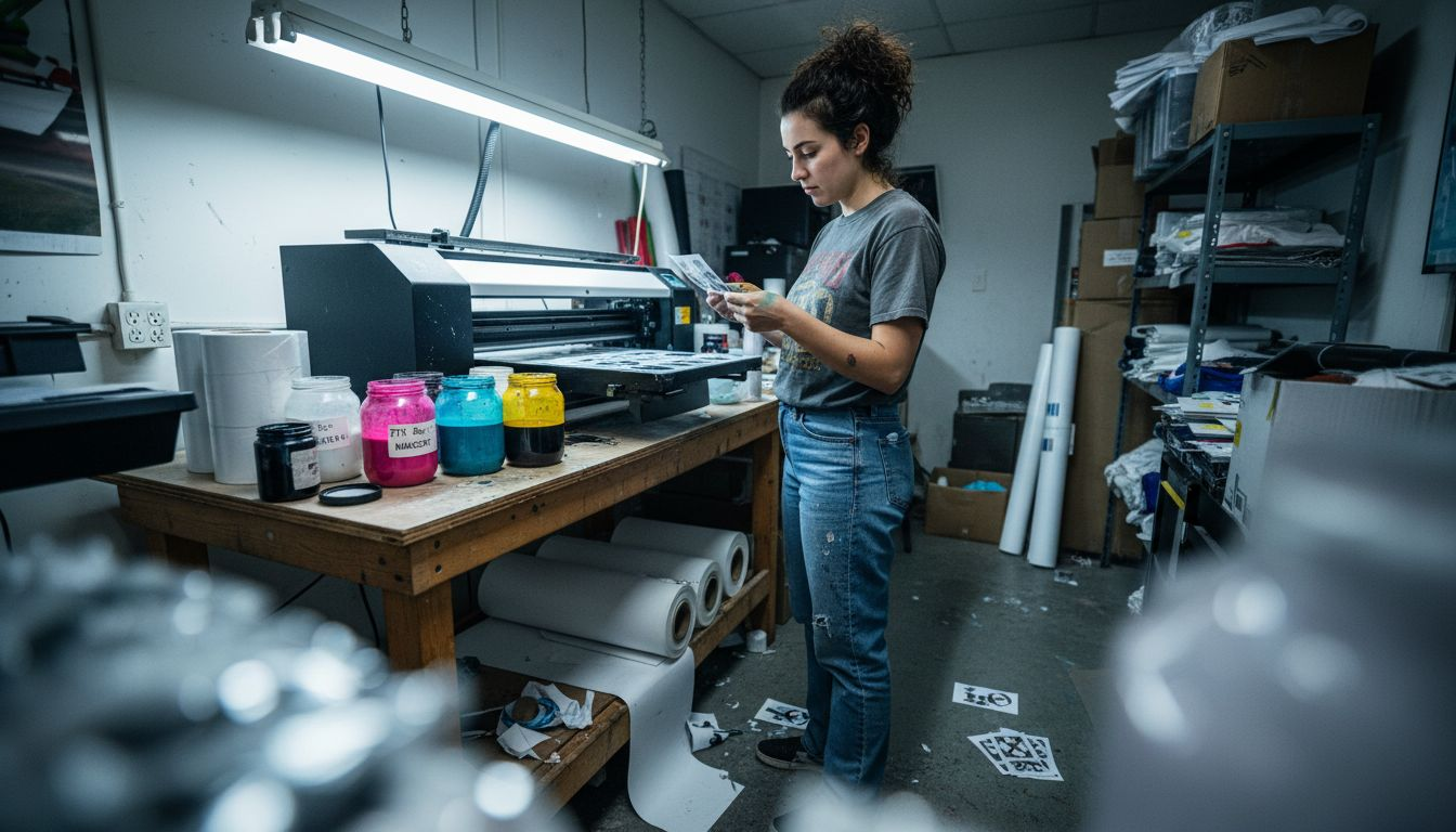 Small business owner checking DTF printer samples