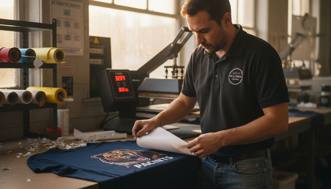 Technician peeling DTF transfer from T-shirt