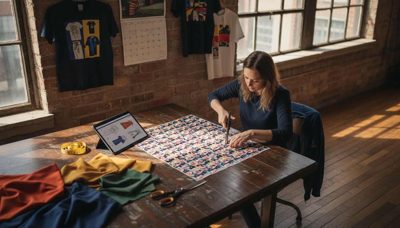 Apparel designer working on DTF transfers in studio