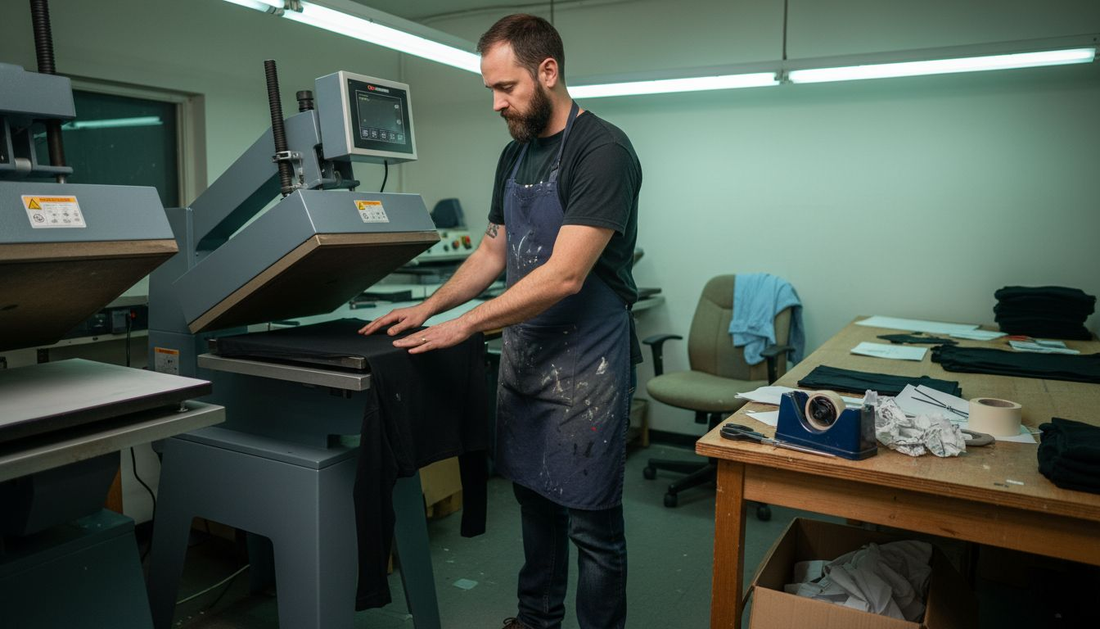 Technician aligning t-shirt on heat press