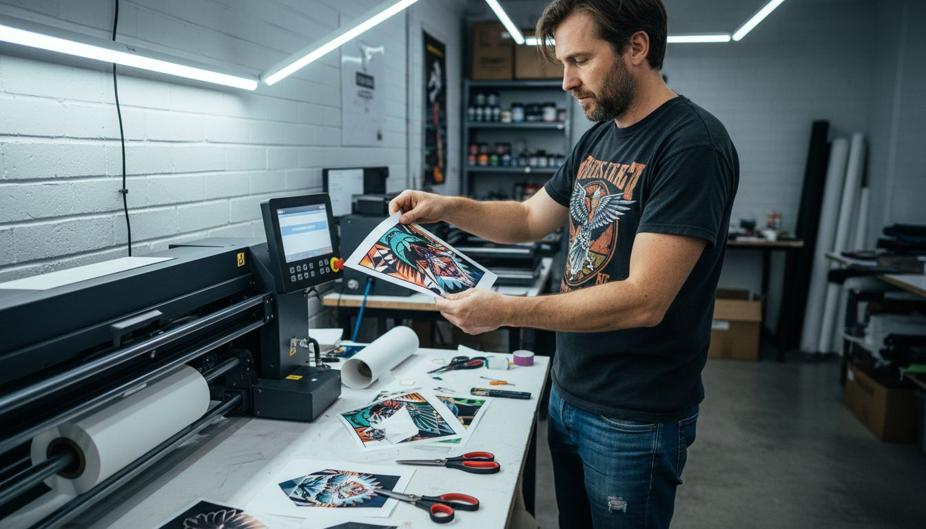 Technician working on DTF print transfer in studio