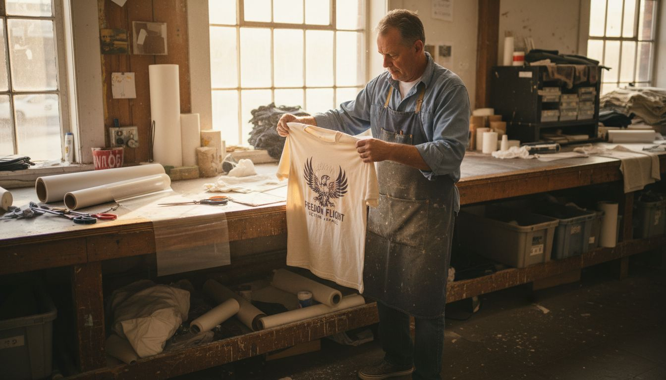 Technician inspecting custom DTF t-shirt print