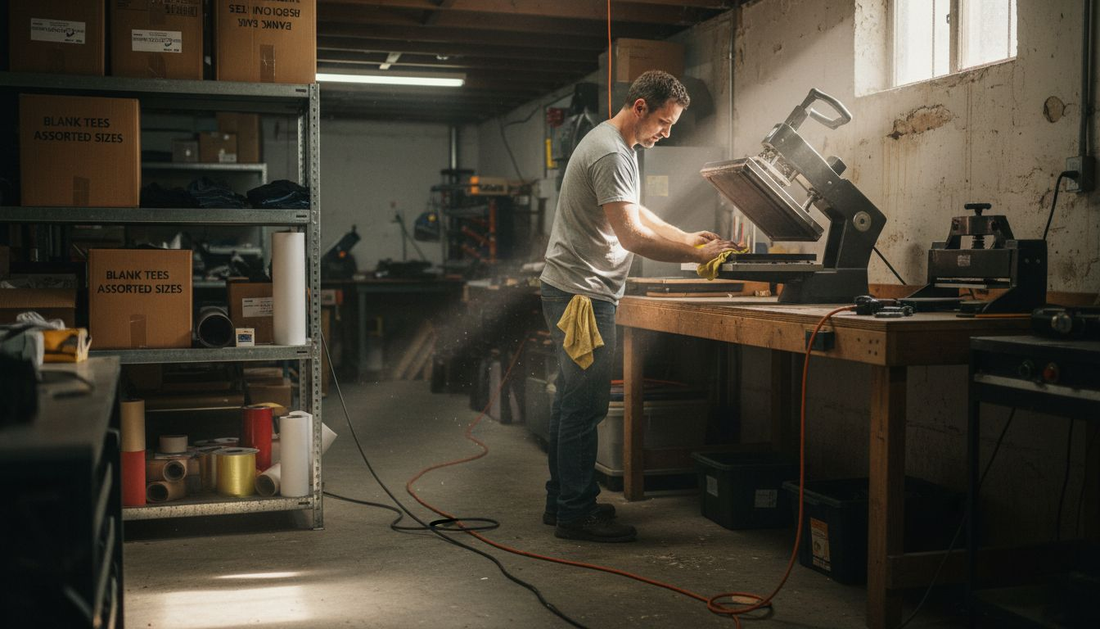 Operator cleaning and organizing heat press workspace