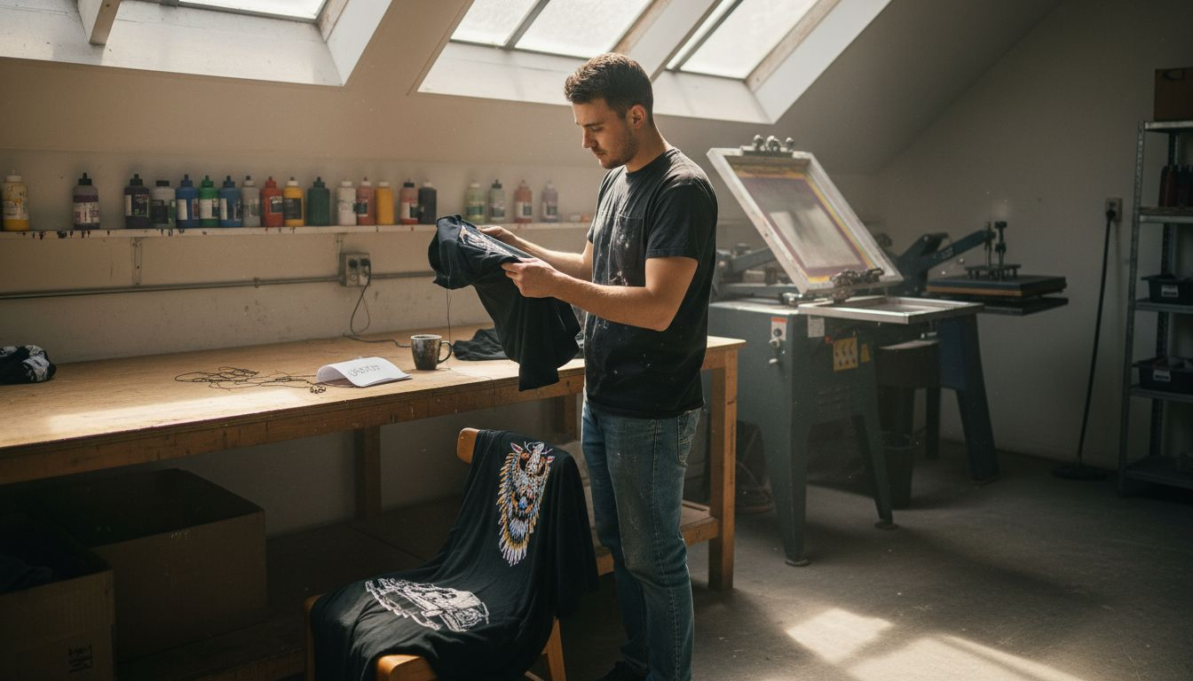 Print technician checks t-shirt printing results