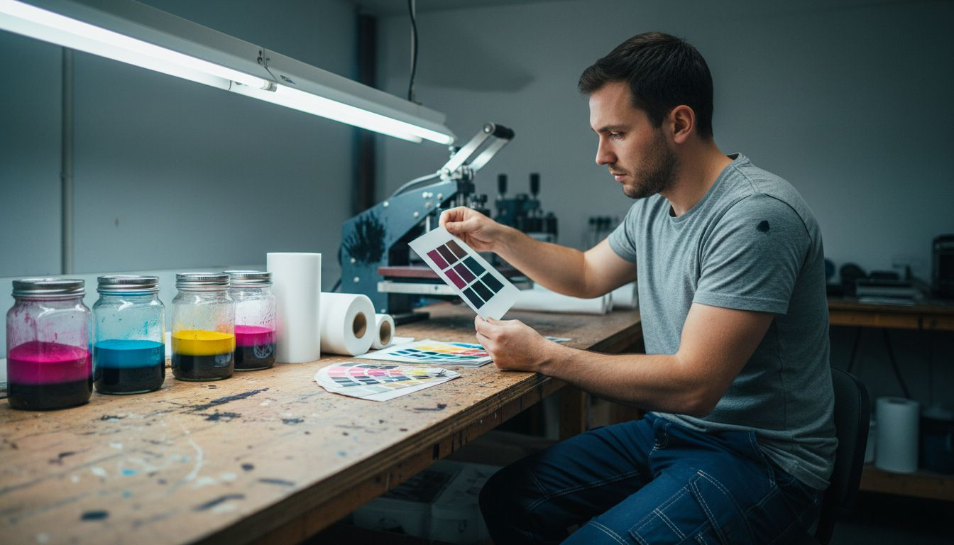 DTF print technician comparing transfer materials