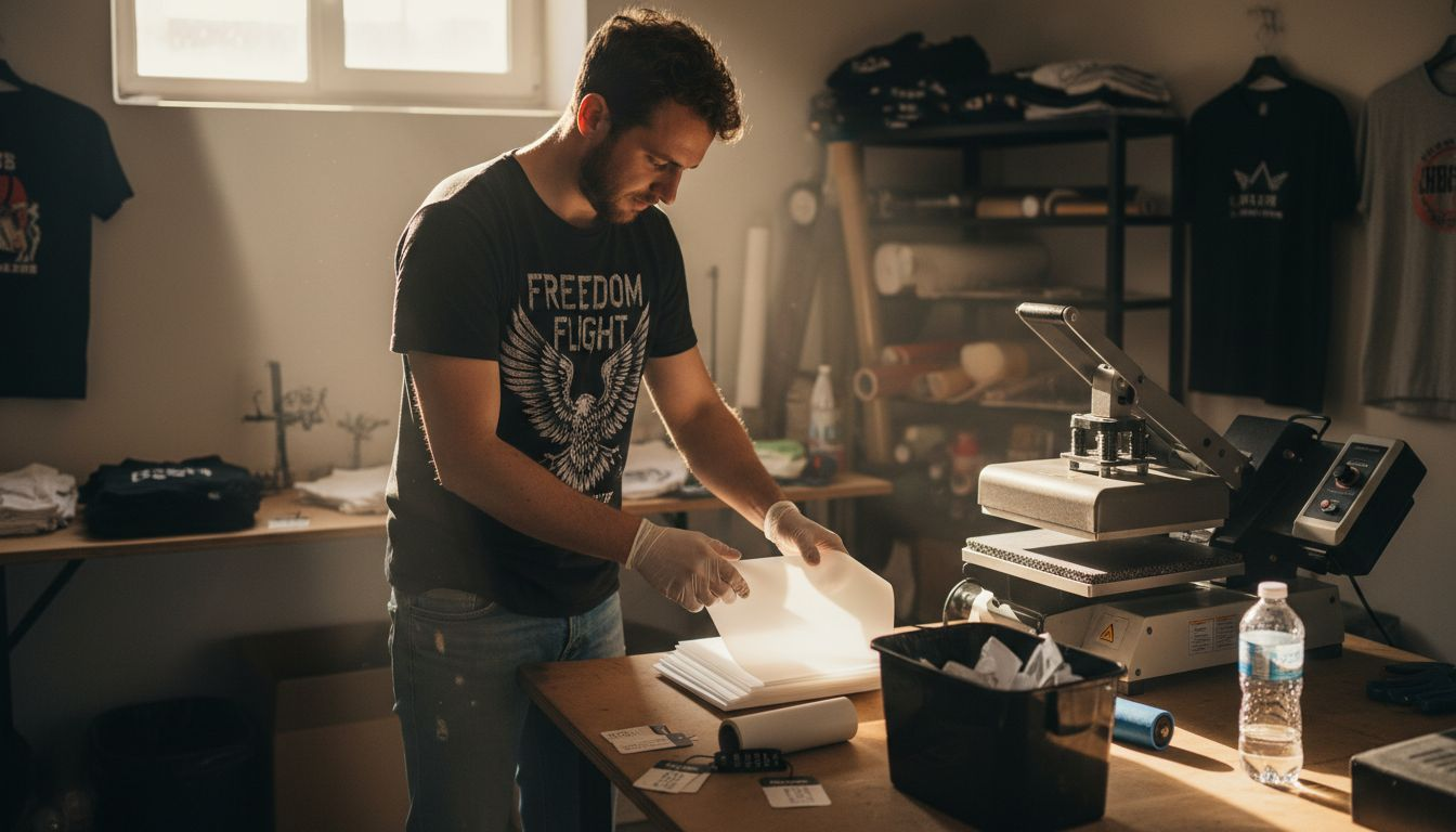 Person preparing workspace for DTF apparel