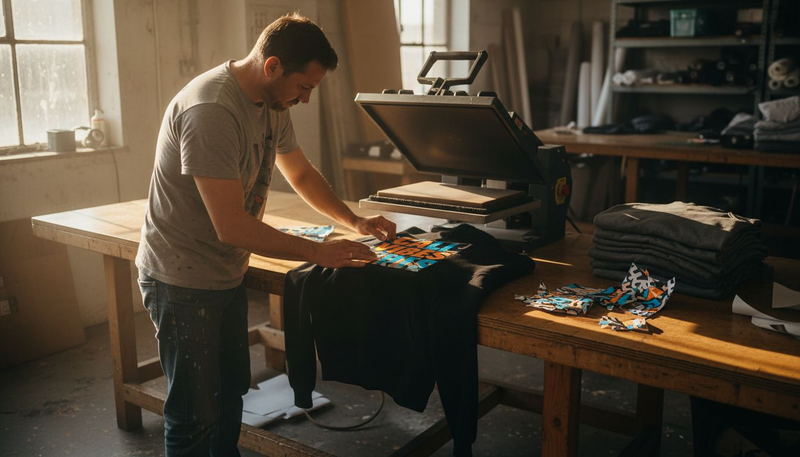Technician aligning DTF transfer on hoodie