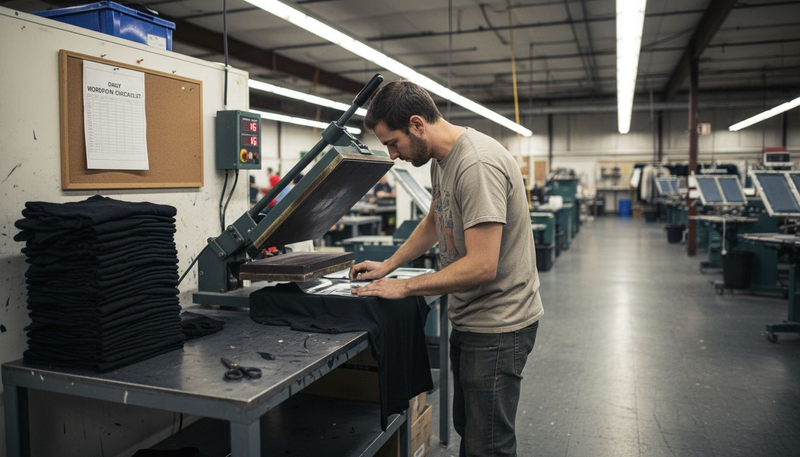 Technician placing transfer film on t-shirt