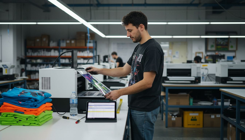 Designer loading film into dtf printer