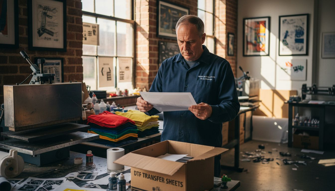 Technician checks DTF apparel transfer process